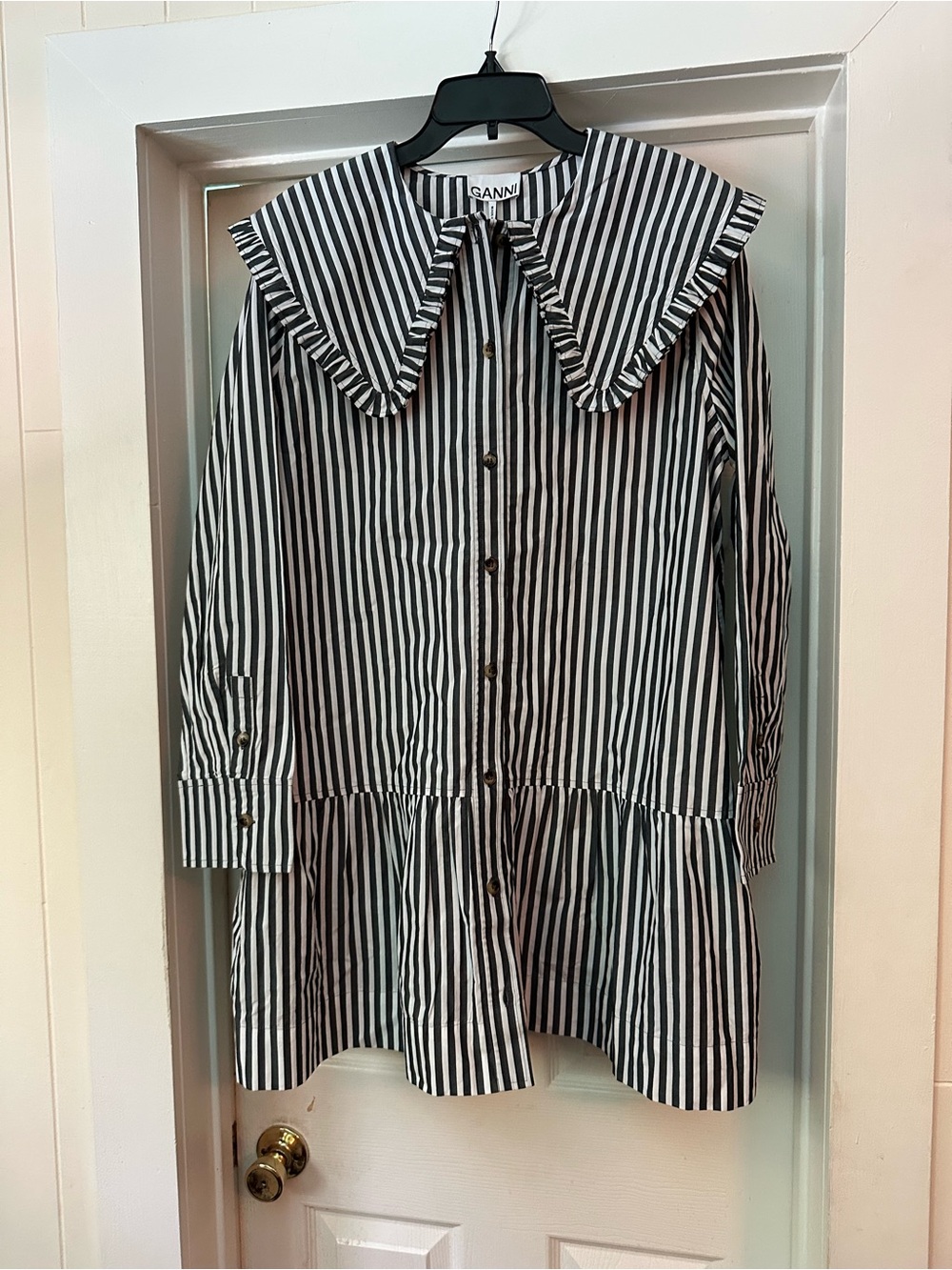 Ganni Dark Gray and White Striped Mini Dress with Statement Collar